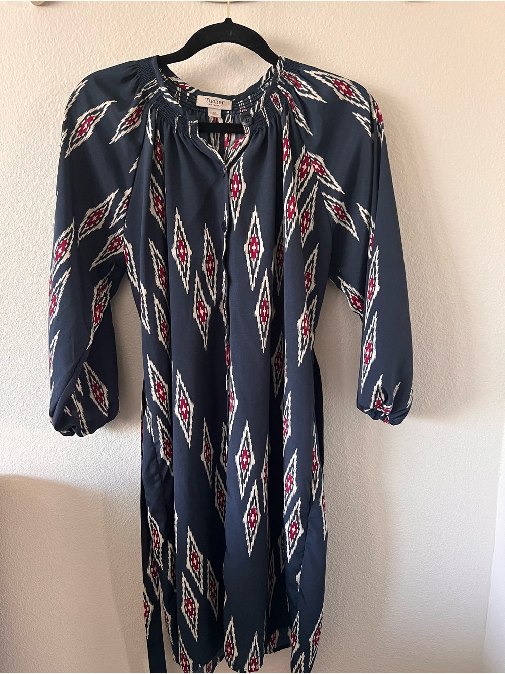 Tucker for Target Navy Ikat-Print Tunic Midi Dress Tie Waist size M